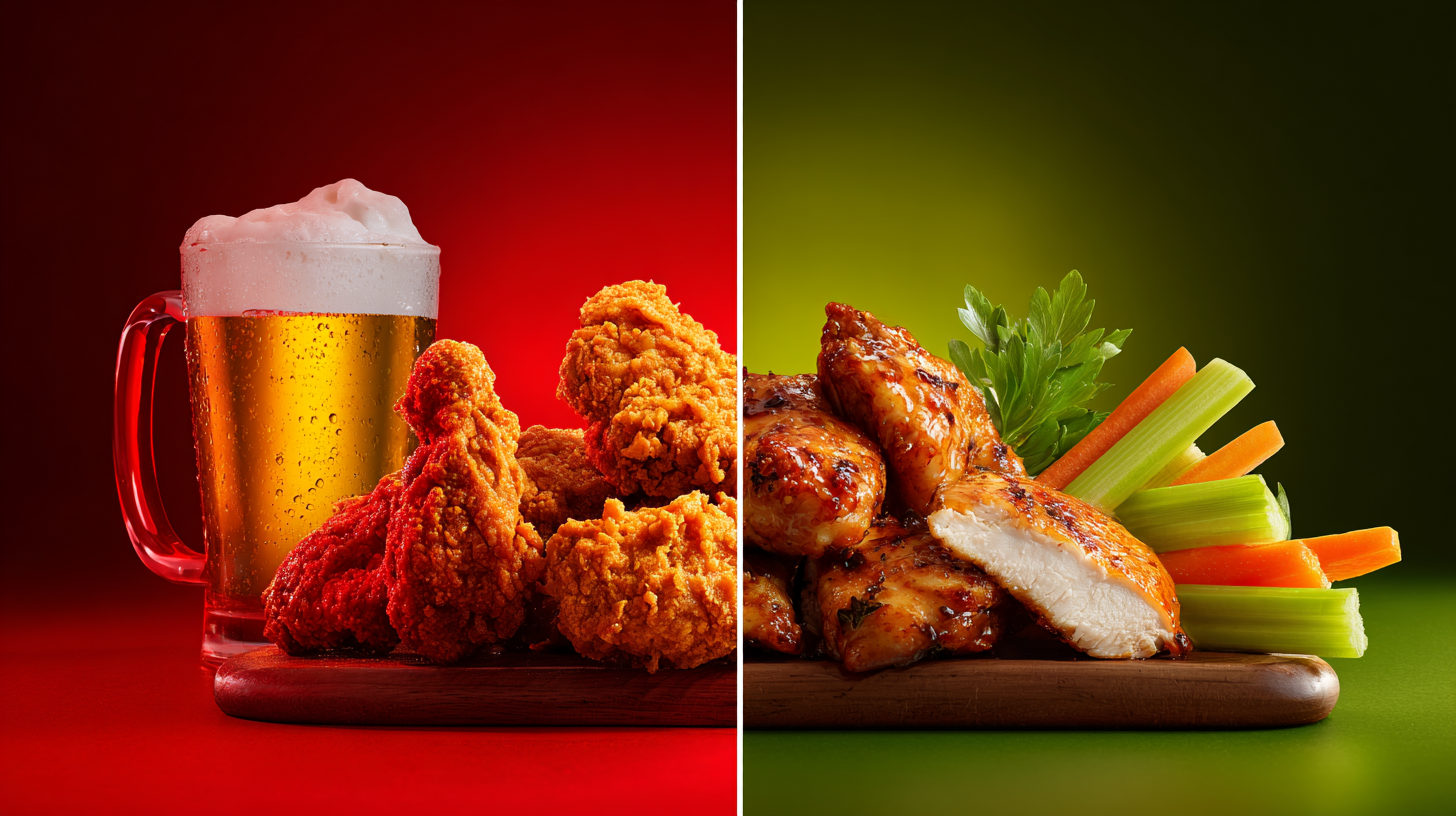 통풍에 안좋은 치킨과 맥주 vs 건강한 대안 음식 비교 이미지