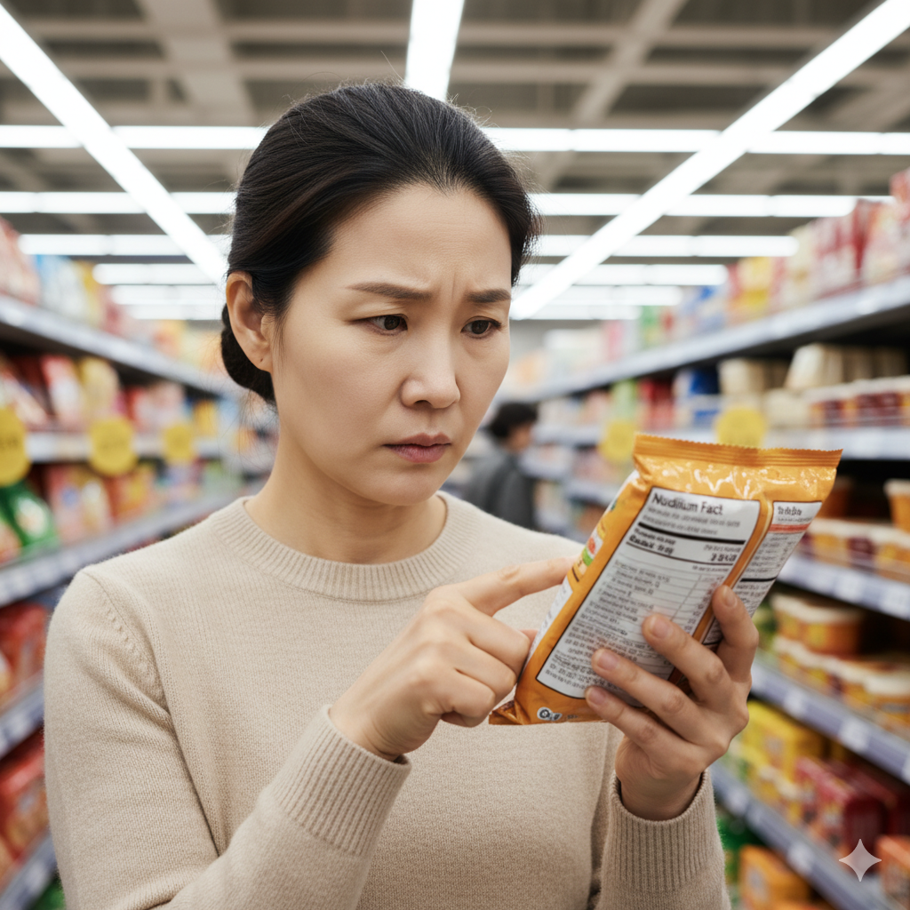 식품 영양 성분표 나트륨 함량 확인하는 모습