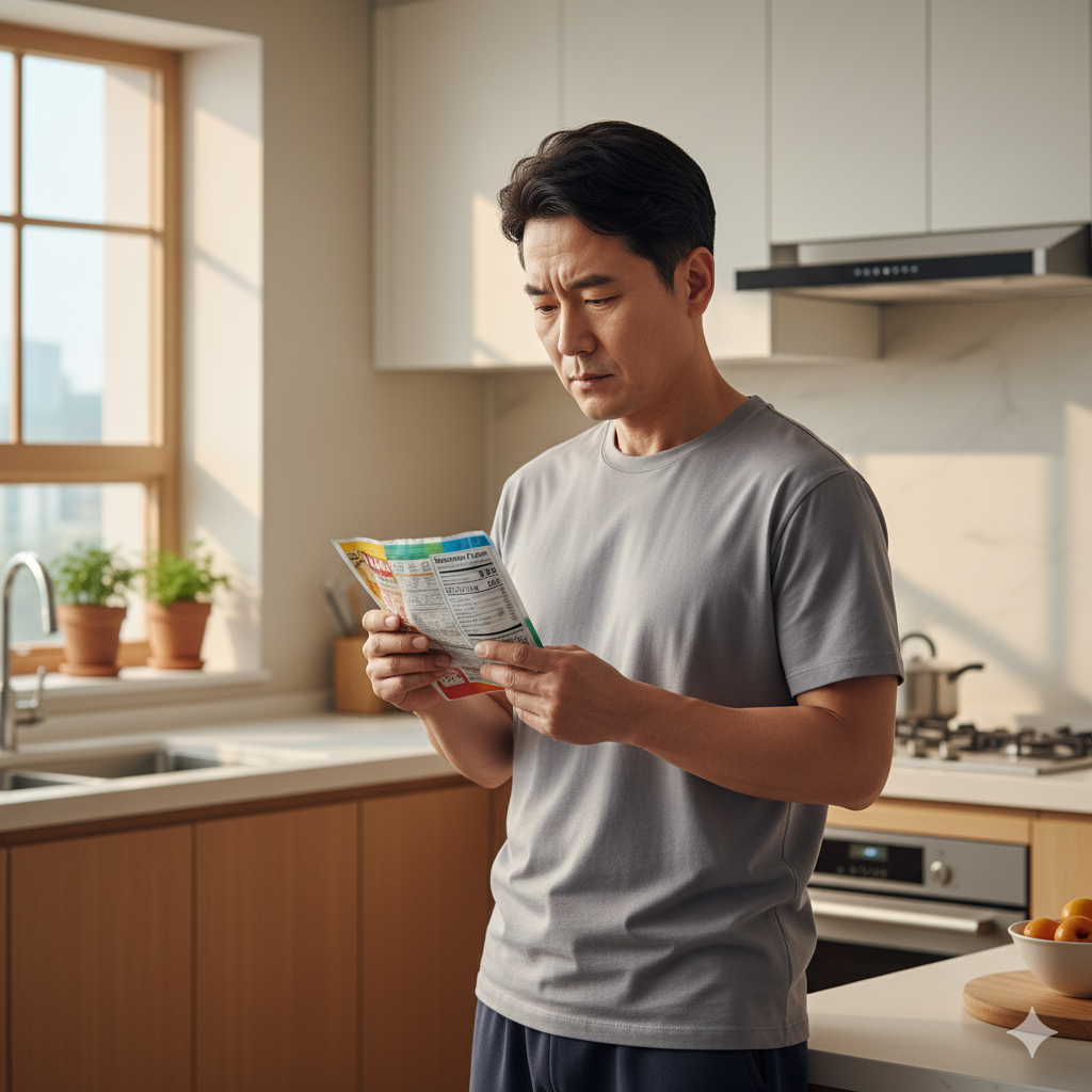 식품 라벨을 확인하며 건강한 선택을 하는 중년 남성