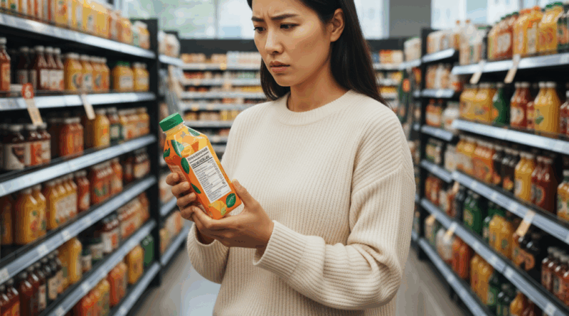 영양성분표를 확인하며 놀라는 여성, 숨은 당분 확인하기