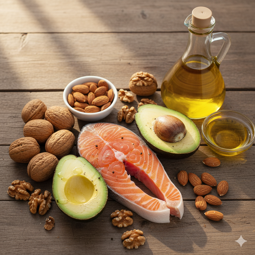 건강한 지방이 풍부한 음식들 - 연어, 아보카도, 견과류, 올리브오일