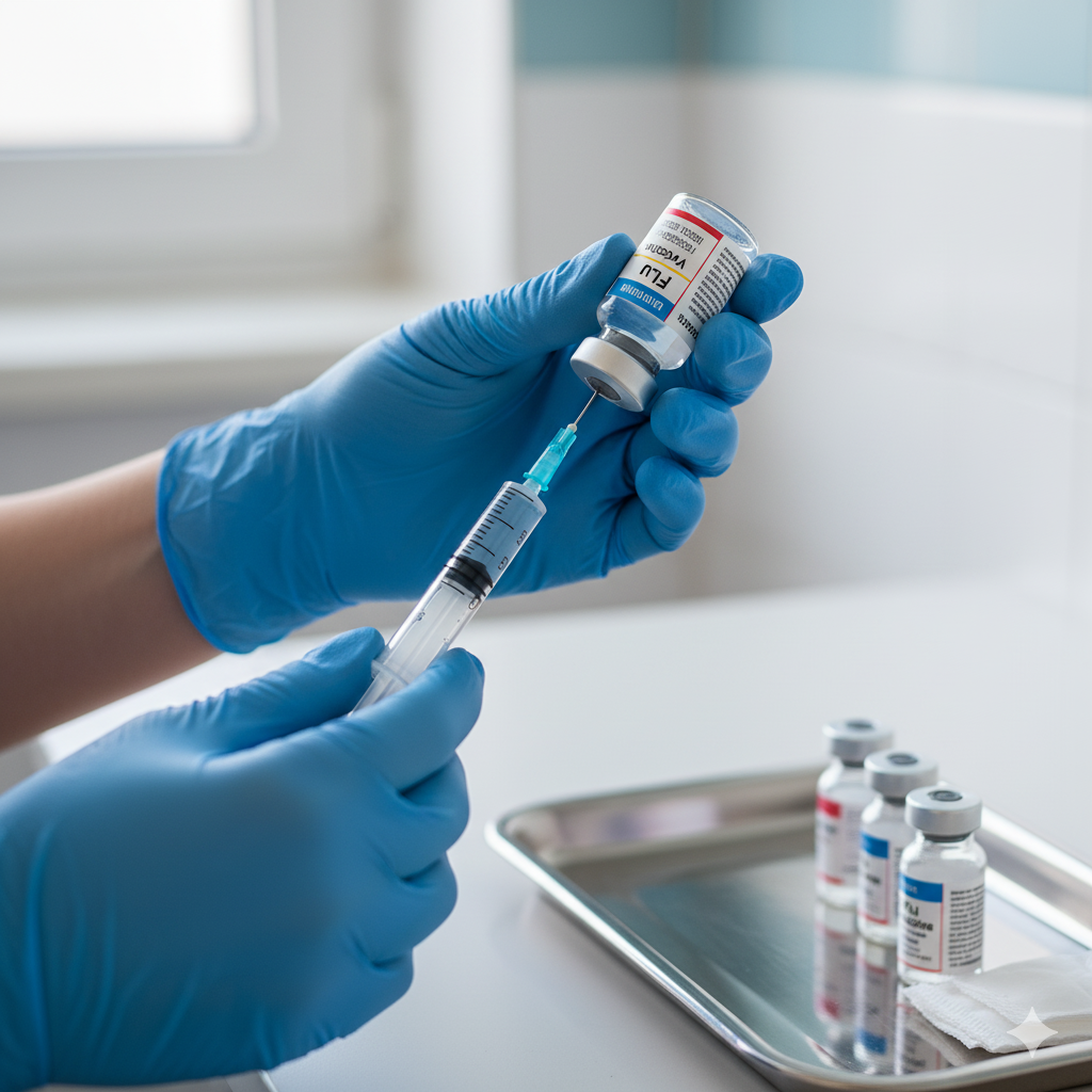 독감 백신 주사를 준비하는 간호사의 손