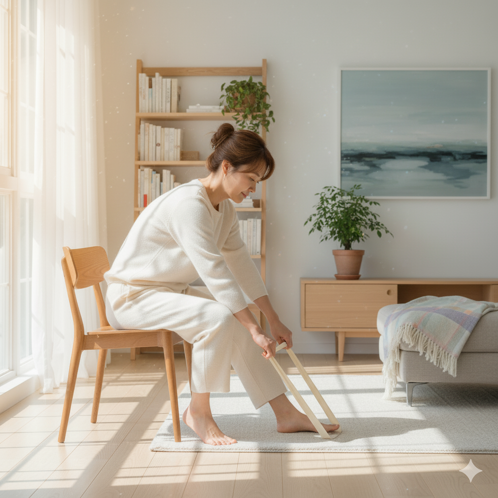 의자에 앉아 종아리 스트레칭을 하는 남성