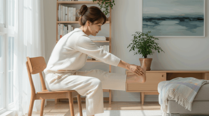 족저근막염 완화를 위한 의자 스트레칭을 하는 중년 여성