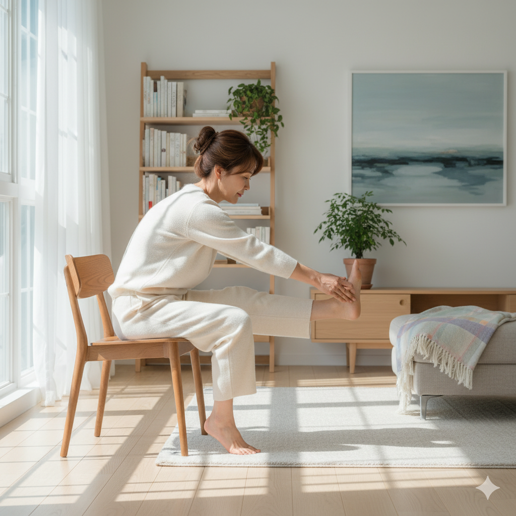 족저근막염 완화를 위한 의자 스트레칭을 하는 중년 여성