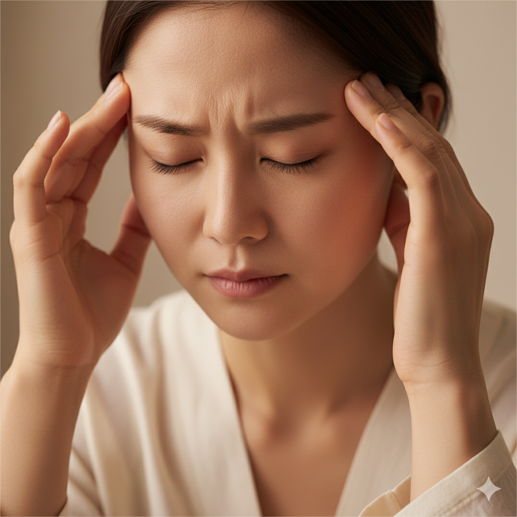 스트레스로 인한 두통을 겪고 있는 여성의 모습