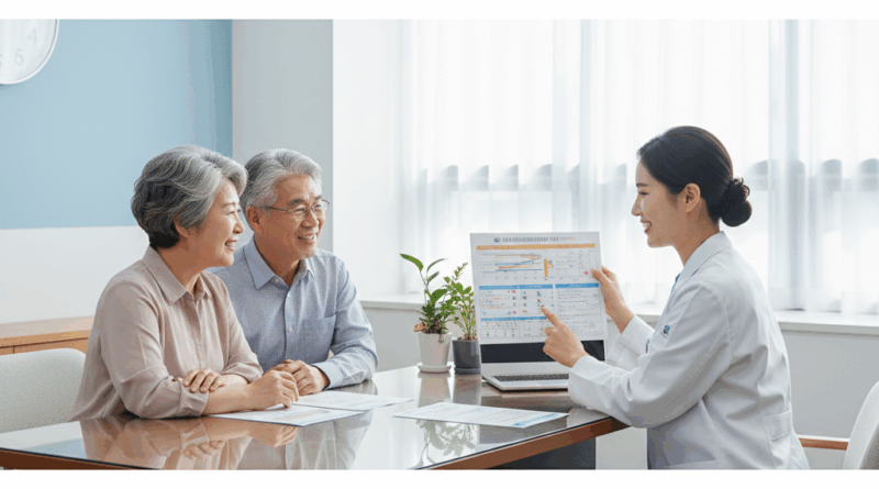50대 이상 성인 필수 예방접종 상담을 받는 노부부
