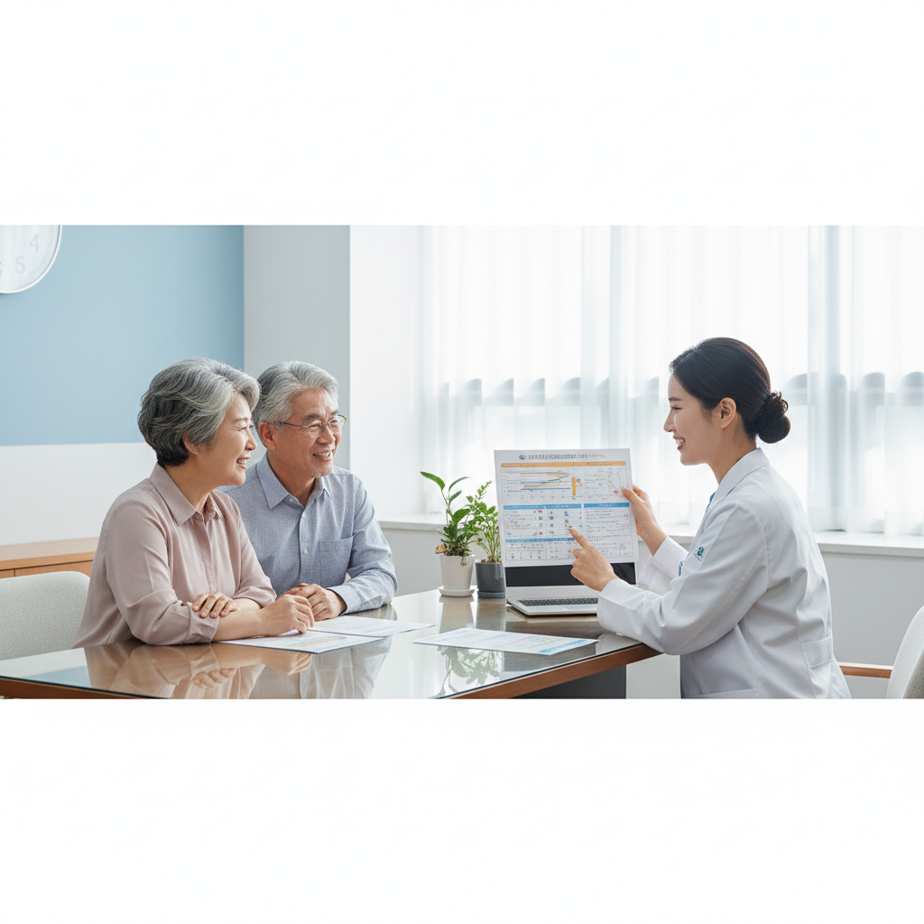 50대 이상 성인 필수 예방접종 상담을 받는 노부부