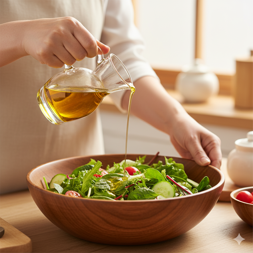 건강한 지방 섭취를 위해 올리브오일을 샐러드에 뿌리는 모습