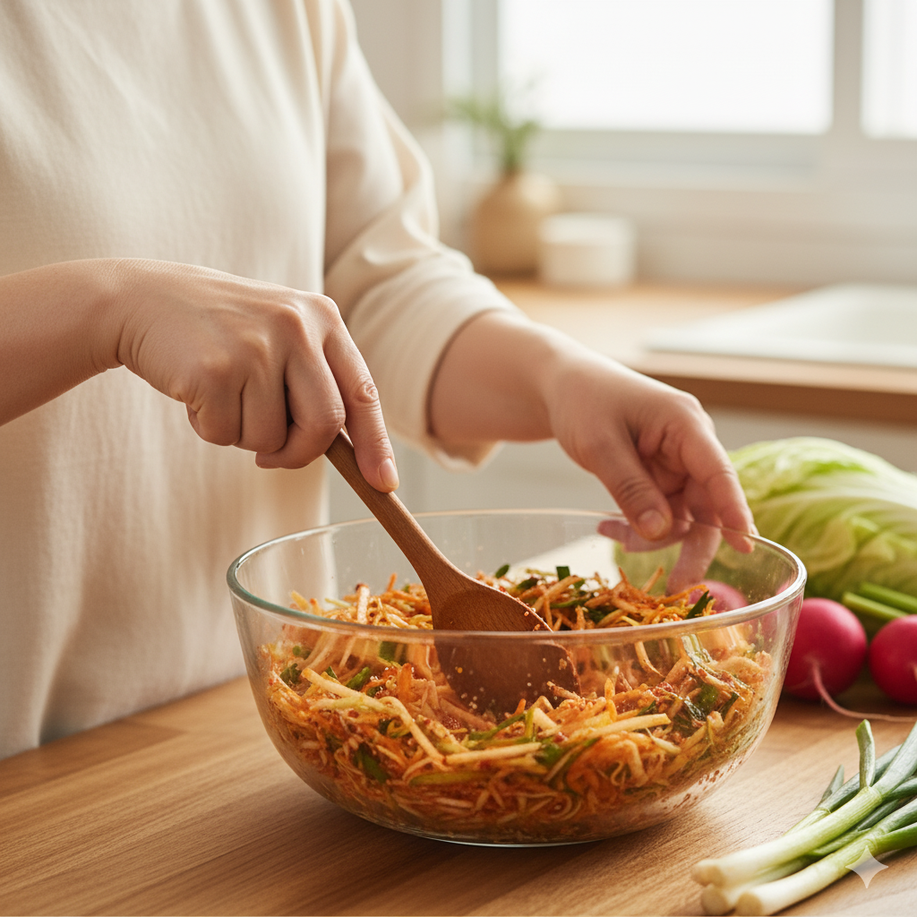 양념장을 만들고 있는 주방 모습