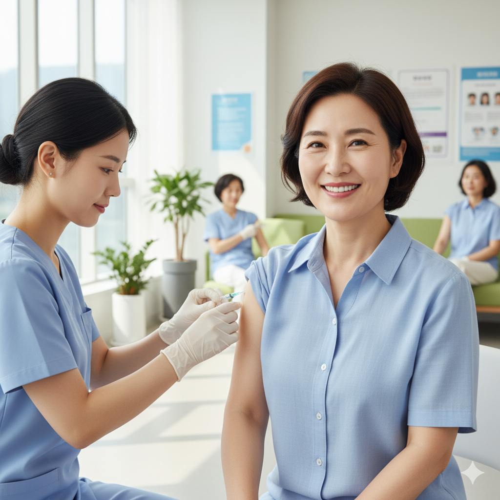 예방접종을 받으며 미소 짓는 55세 여성
