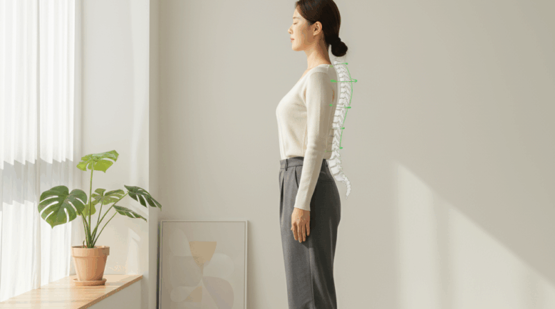 벽을 이용한 거북목 자세 교정 운동을 하는 모습