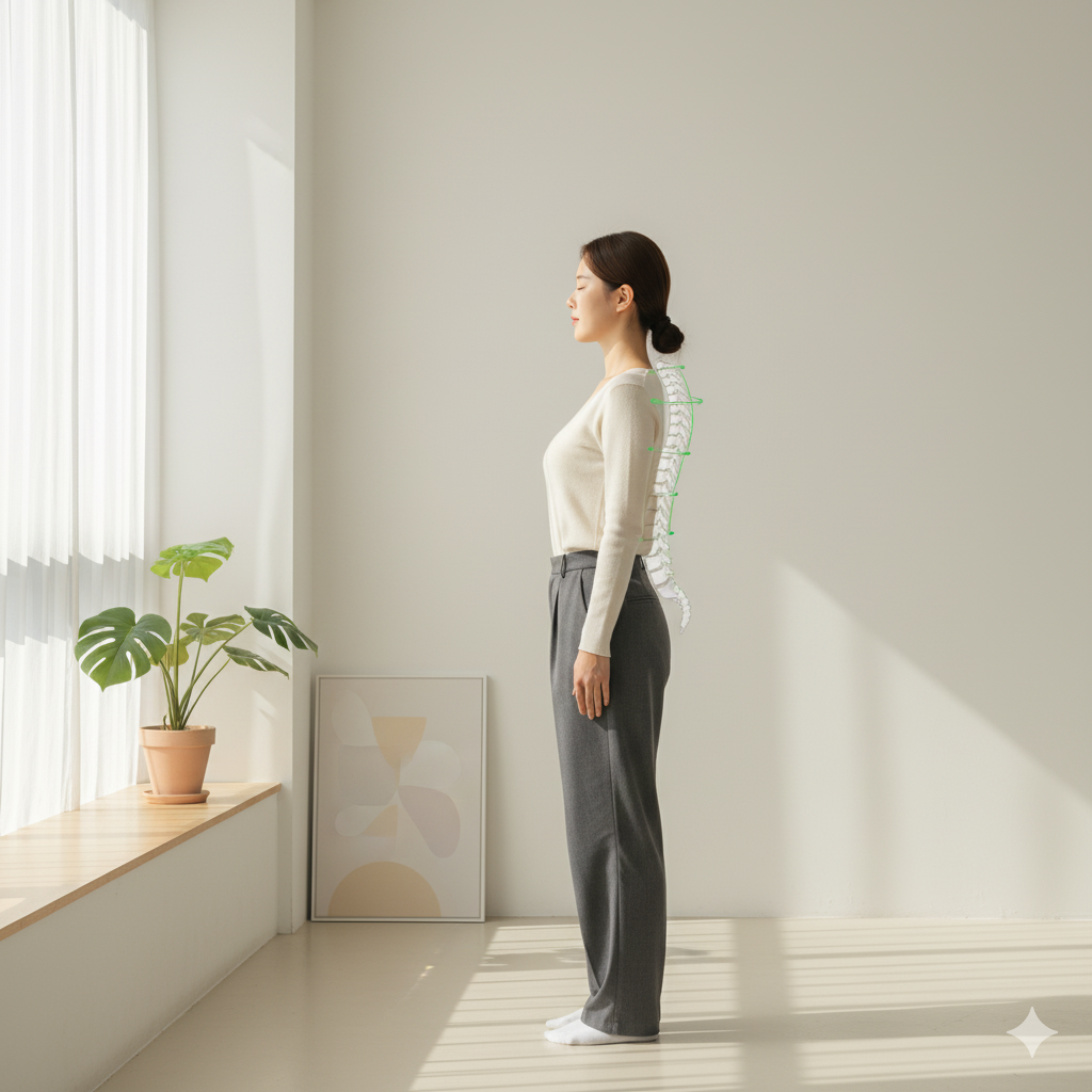 벽을 이용한 거북목 자세 교정 운동을 하는 모습