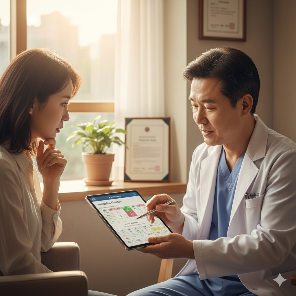 의사와 예방접종 일정을 상담하는 환자