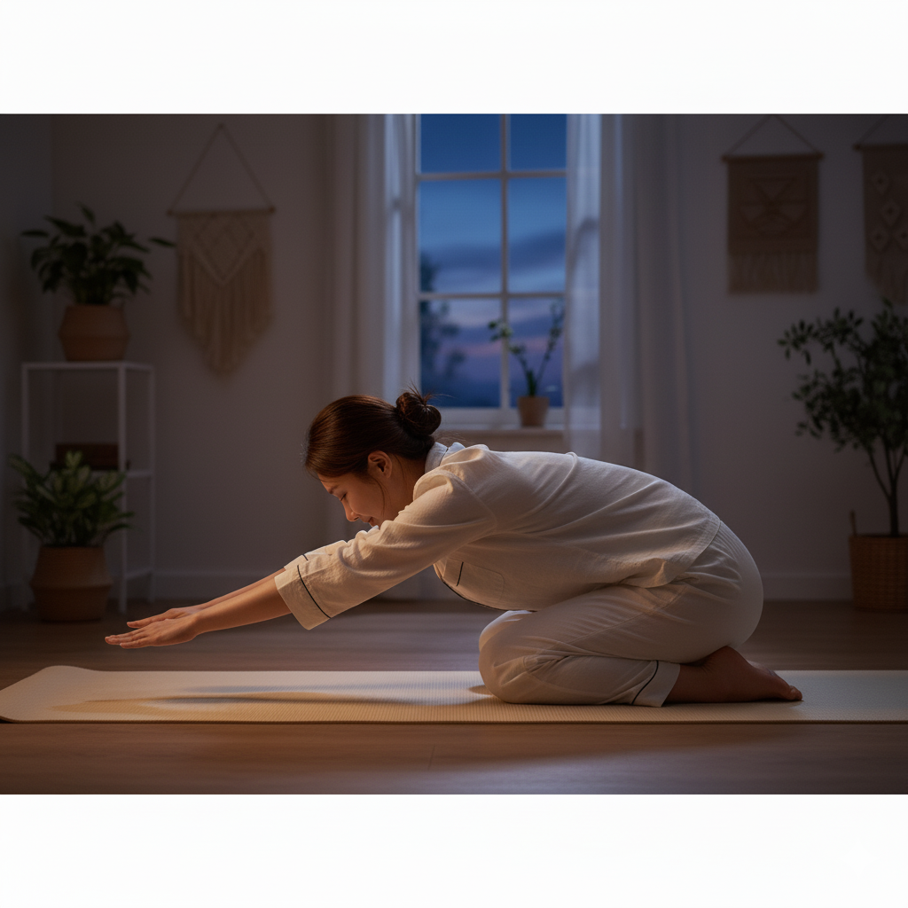 침실에서 숙면을 위한 스트레칭을 하는 모습