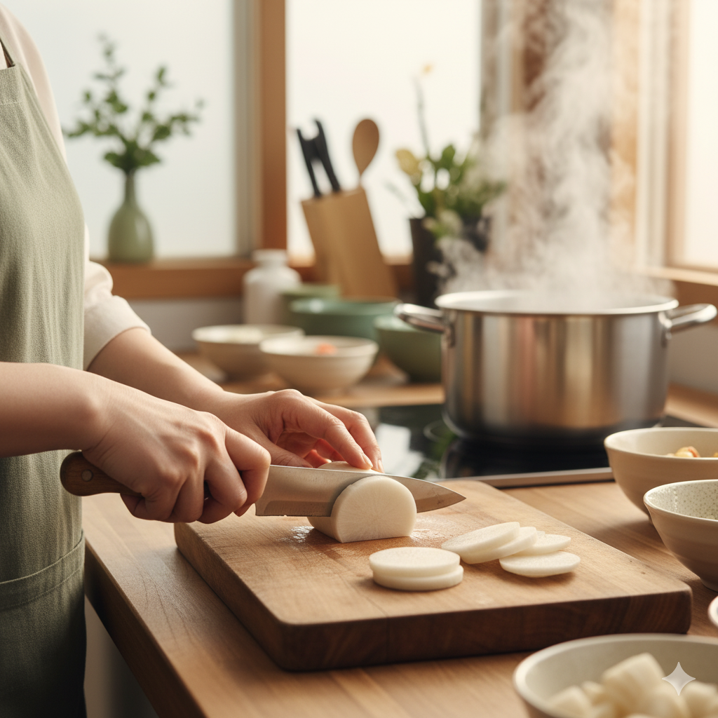 신선한 무를 손질하는 모습