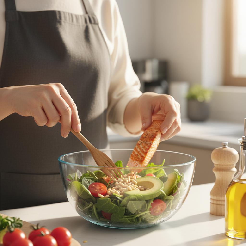 고단백 샐러드 볼을 준비하는 모습