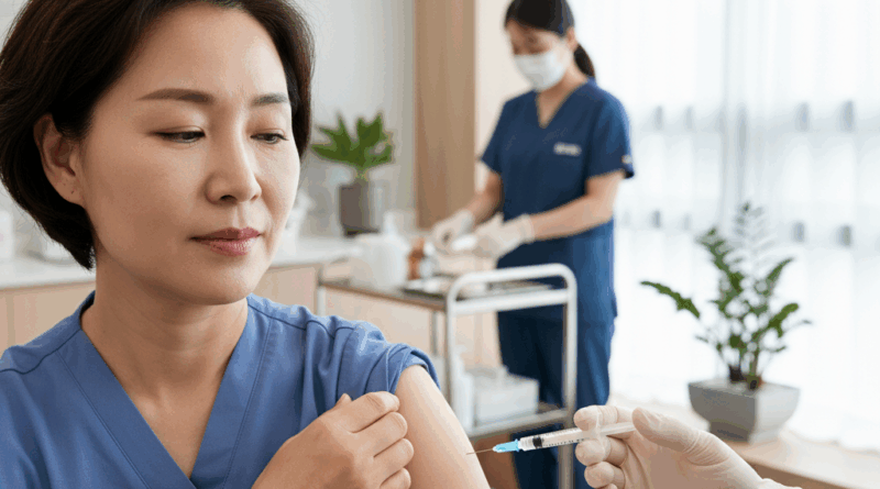 40대 성인 예방접종을 받고 있는 중년 여성