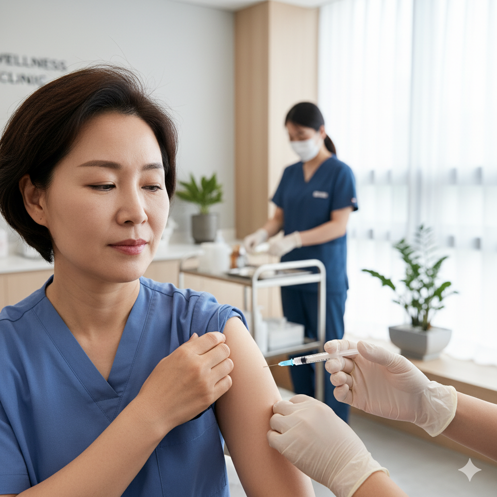 40대 성인 예방접종을 받고 있는 중년 여성