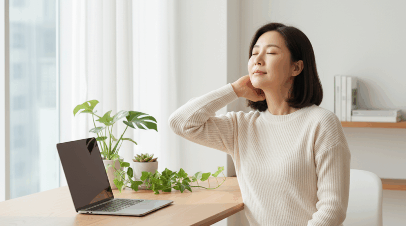 거북목 증후군 해결을 위한 목 스트레칭을 하는 여성