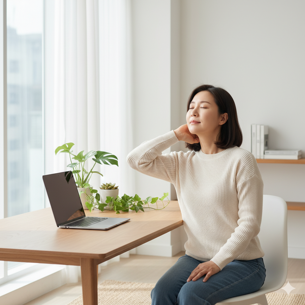 거북목 스트레칭을 하는 여성