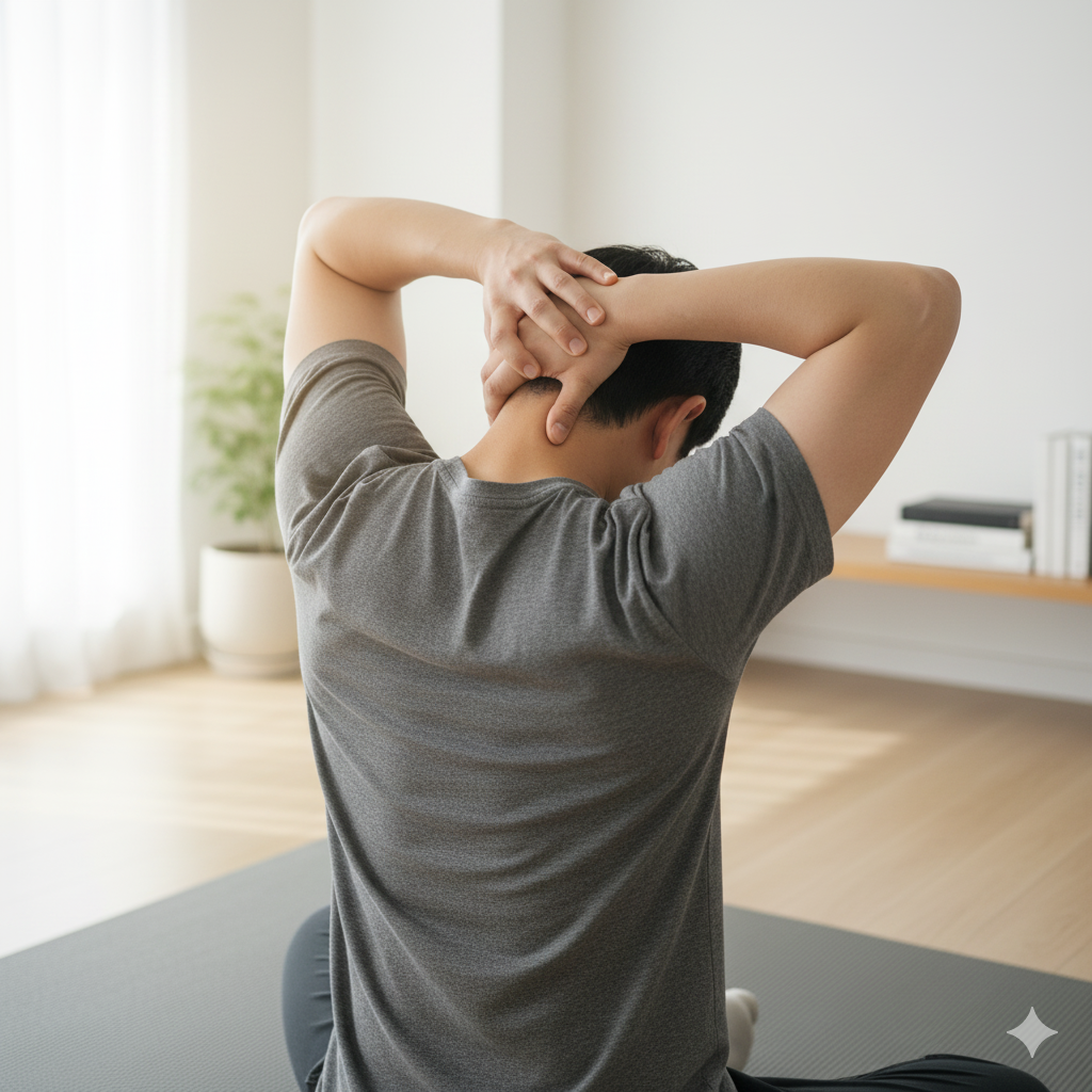 목 스트레칭을 하는 남성