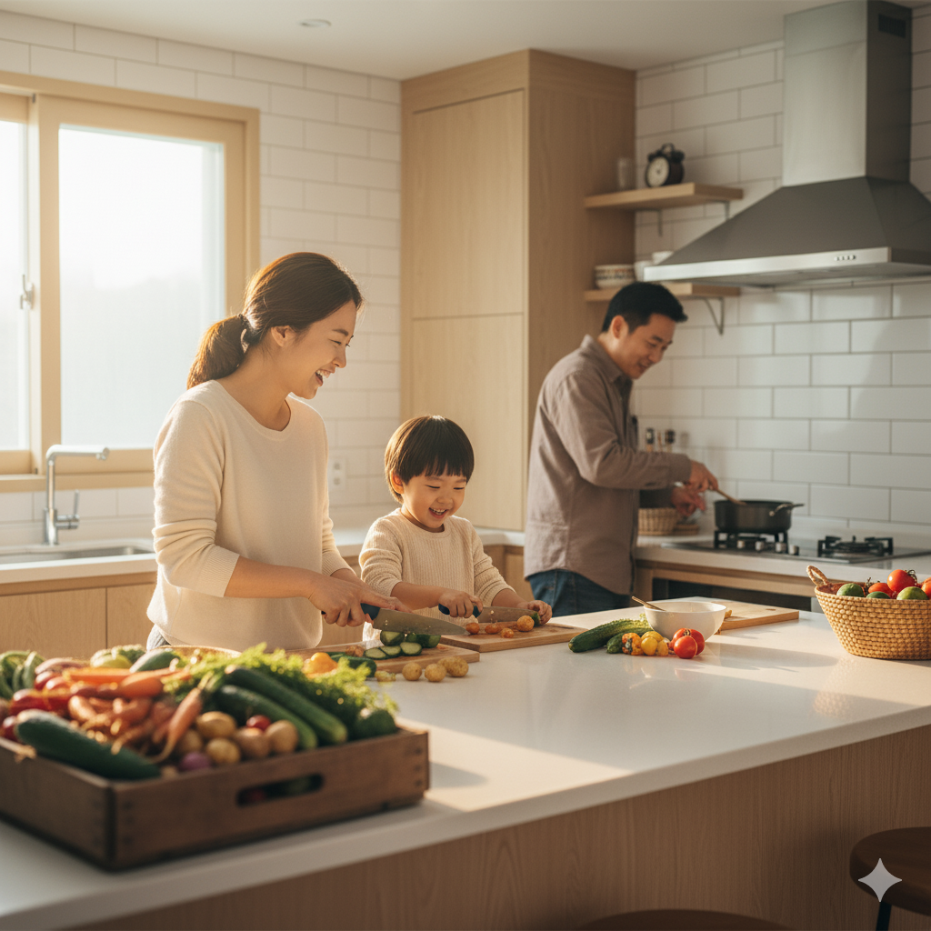 못난이 농산물로 요리하는 가족의 모습