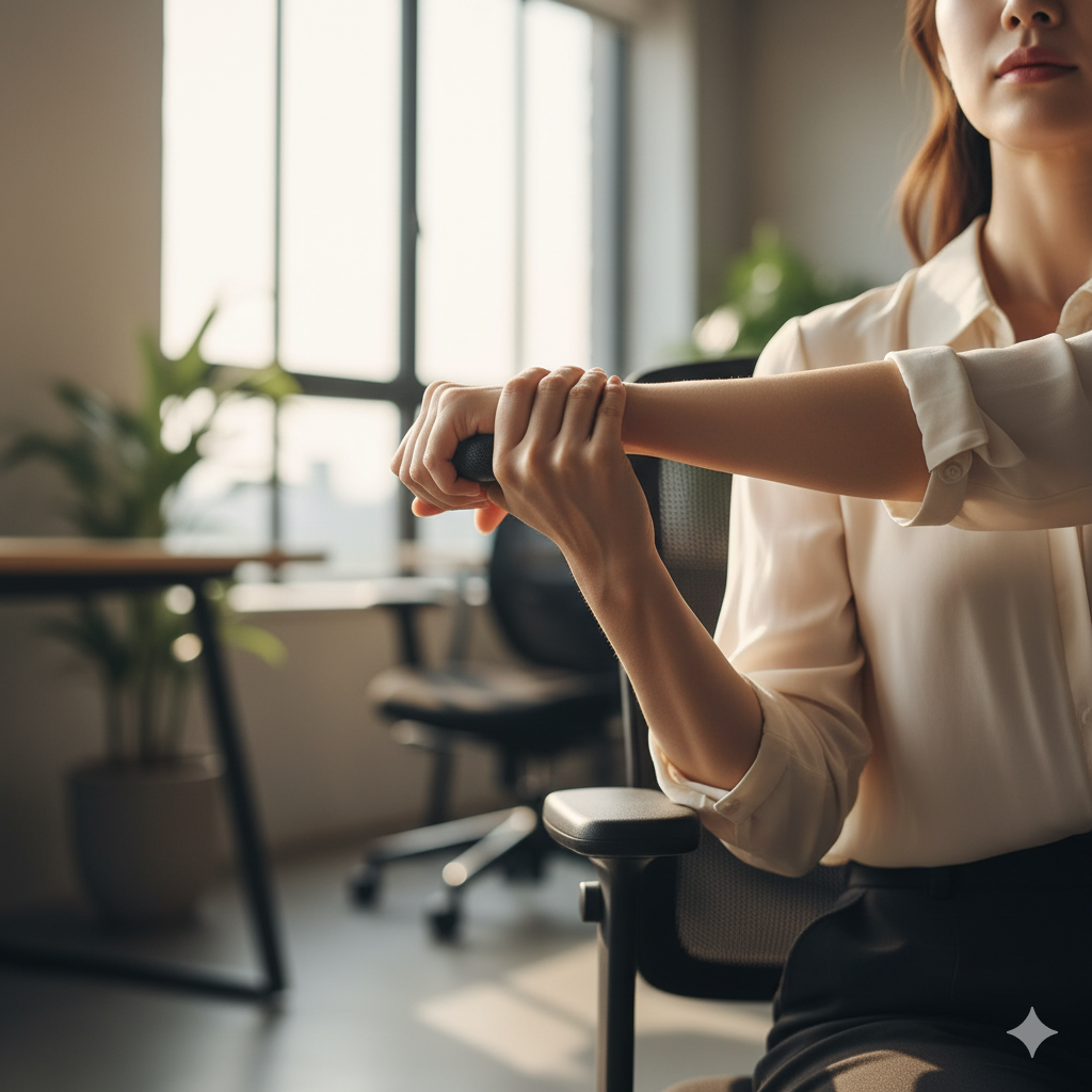 의자에 앉아 목 스트레칭을 하는 모습