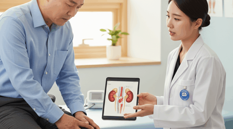 당뇨병성 신증 초기 증상 체크하는 중년 환자