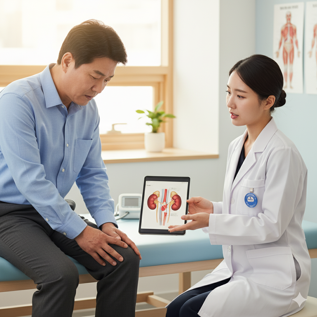 당뇨병성 신증 초기 증상 체크하는 중년 환자