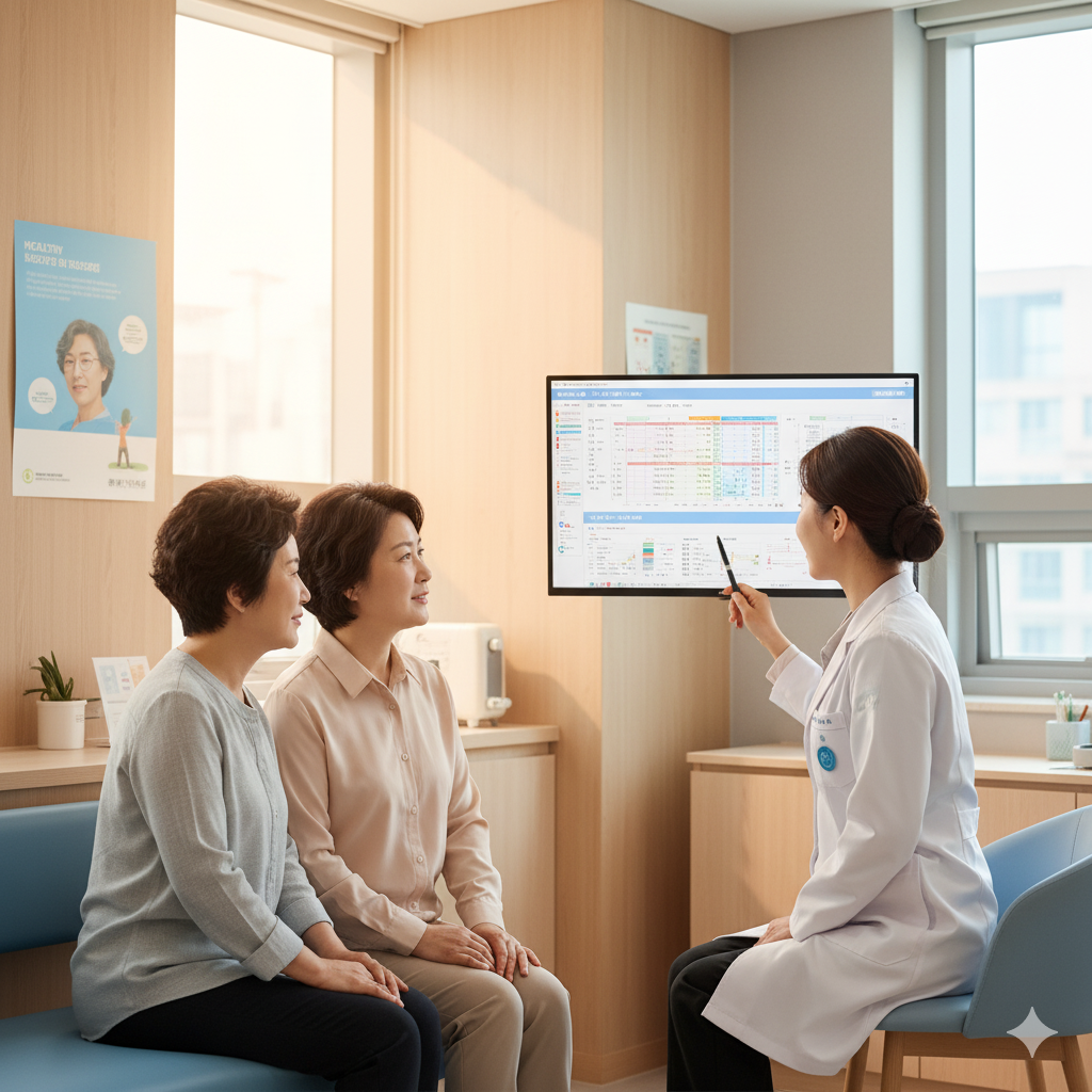 40대 50대 60대 연령대별 건강검진 상담 받는 중년 부부