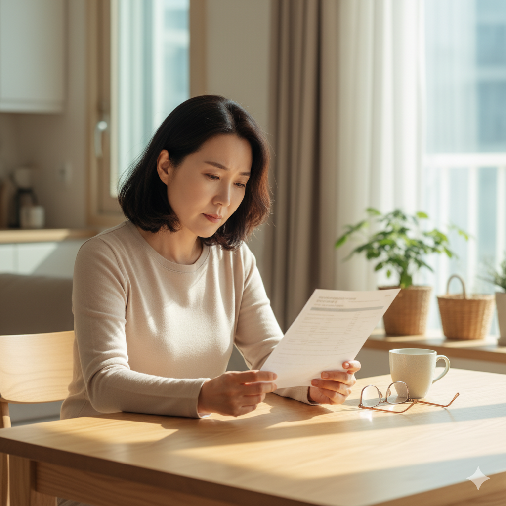 콜레스테롤 검사 결과지를 차분히 읽고 있는 중년 여성