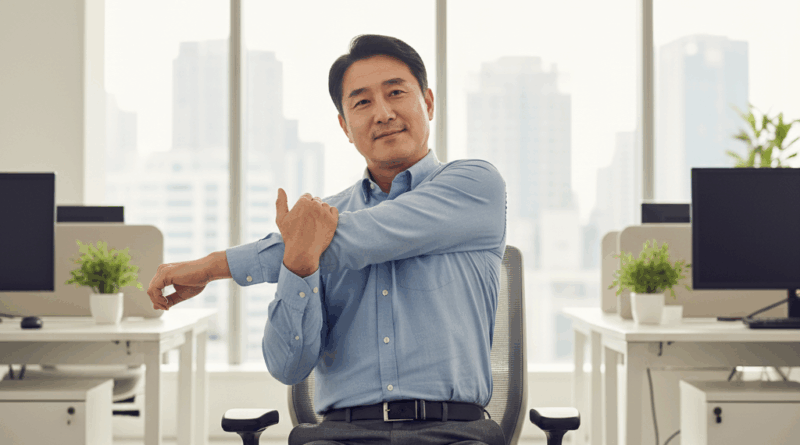 사무실에서 의자에 앉아 어깨 스트레칭 하는 직장인