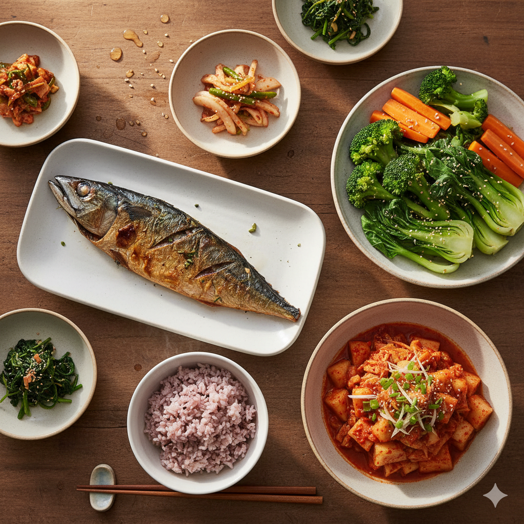 혈당 관리에 좋은 집밥 한상차림, 통곡물밥과 생선구이