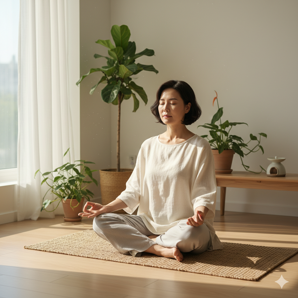 명상으로 만성 스트레스를 해소하는 중년 여성의 모습