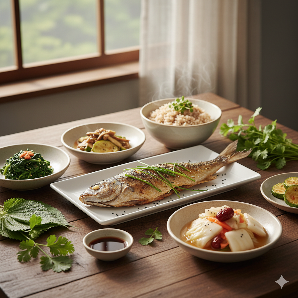 신선한 채소와 허브로 만든 건강한 저염식 식사