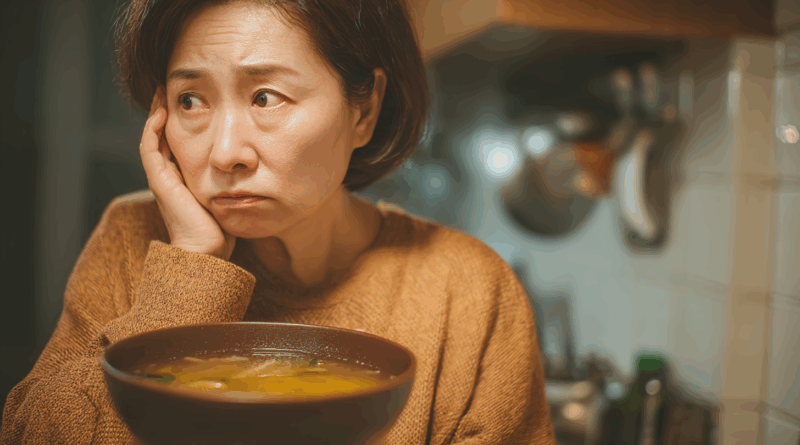 고지혈증 환자가 걱정스럽게 식단을 고민하는 모습