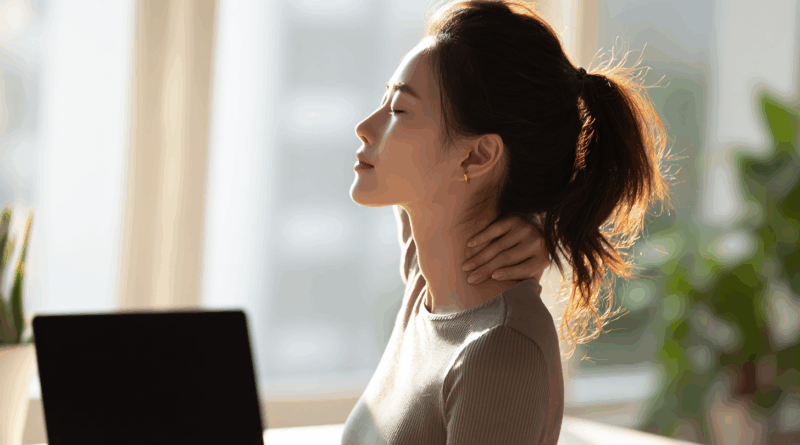 홈오피스에서 거북목 교정 운동을 하는 여성