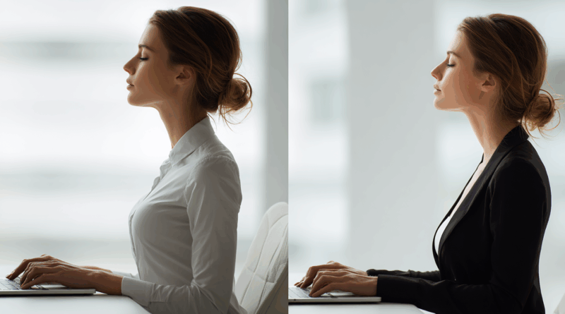 거북목 자세와 올바른 목 자세 비교 이미지, 턱 당기기 운동 전후