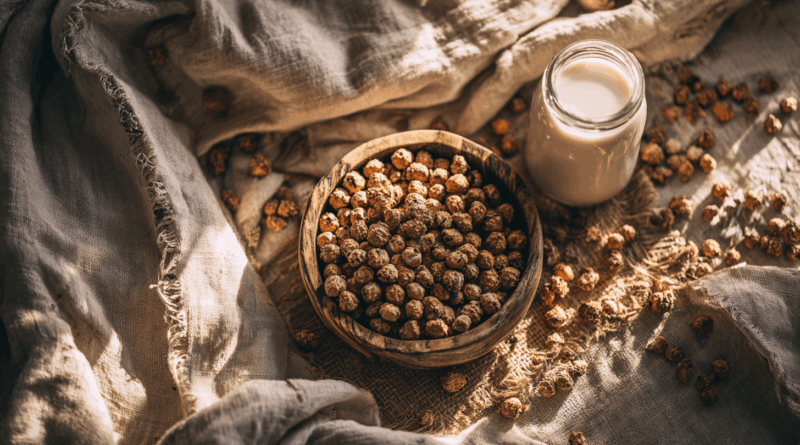 타이거넛과 타이거넛 밀크가 담긴 건강한 슈퍼푸드 한 상