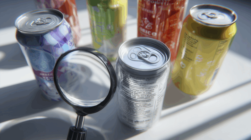 제로 슈거 음료의 인공 감미료 성분표를 확대경으로 살펴보는 모습