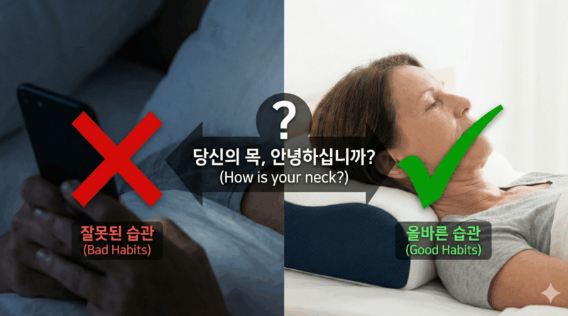 스마트폰 자세와 베개 높이에 따른 목주름 비교 이미지