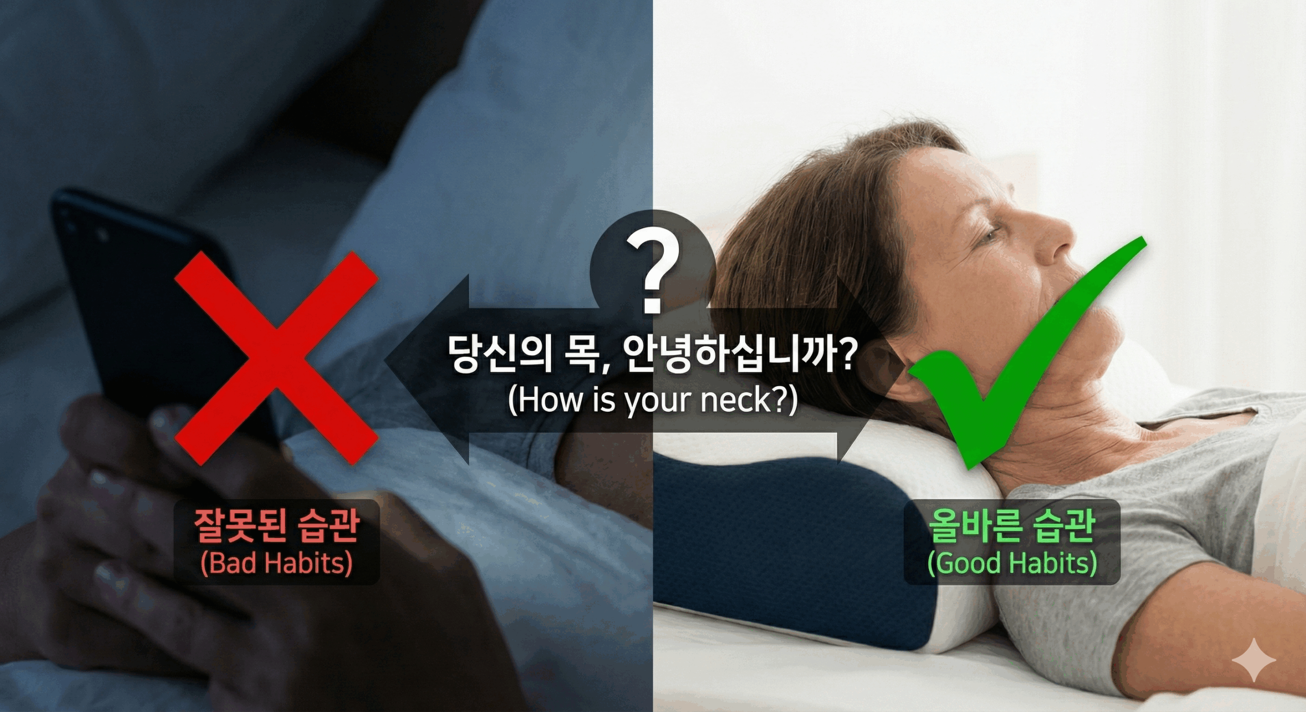 누워서 스마트폰을 보는 잘못된 자세와 목에 가해지는 압력을 보여주는 이미지