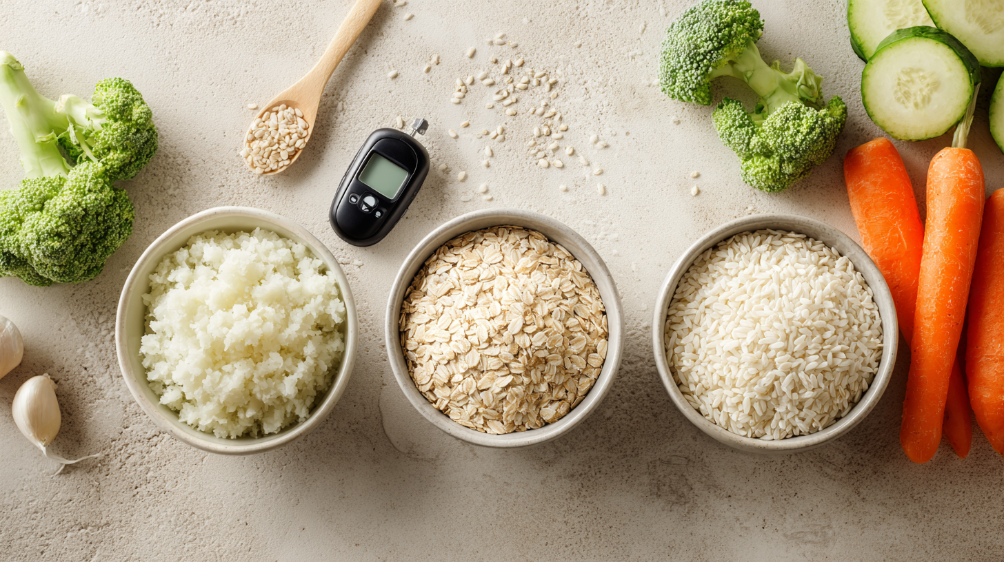 콜리플라워 라이스, 귀리, 곤약쌀을 담은 세 개의 그릇과 혈당 측정기