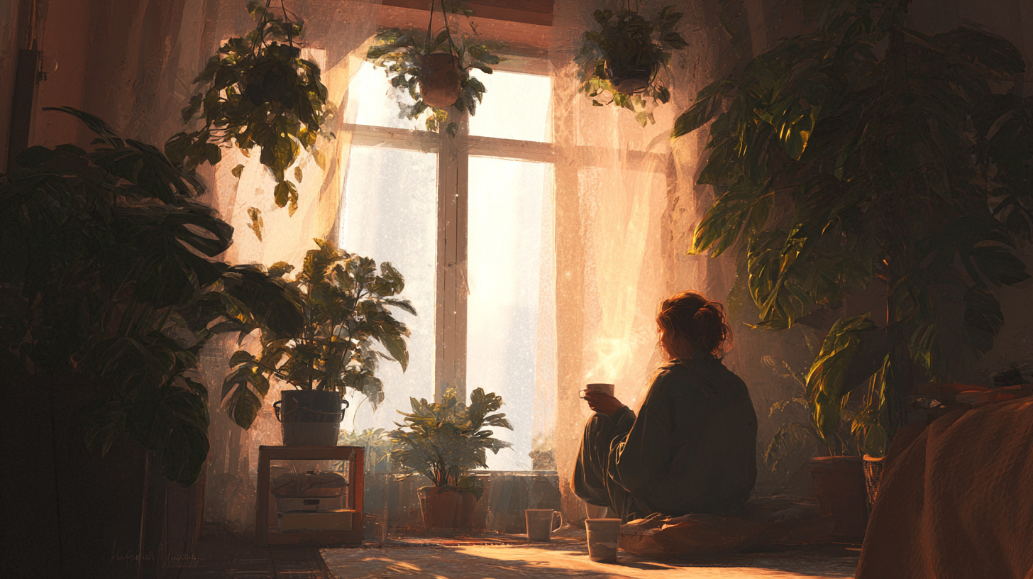 창가에서 따뜻한 햇빛을 받으며 차를 마시는 모습, 계절성 우울증 극복