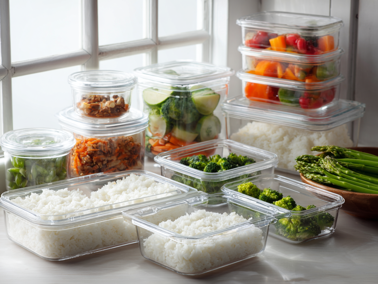 밀폐 용기에 담긴 냉장 밥과 식사 준비