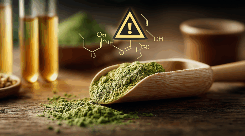 말차 가루와 카페인 경고 표시가 있는 건강 정보 이미지