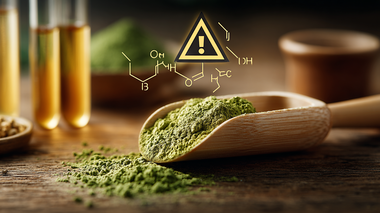 말차 가루와 카페인 경고 표시가 있는 건강 정보 이미지