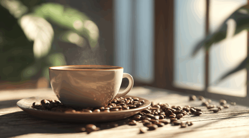디카페인 커피 한 잔과 커피 원두가 놓인 건강한 아침 식탁