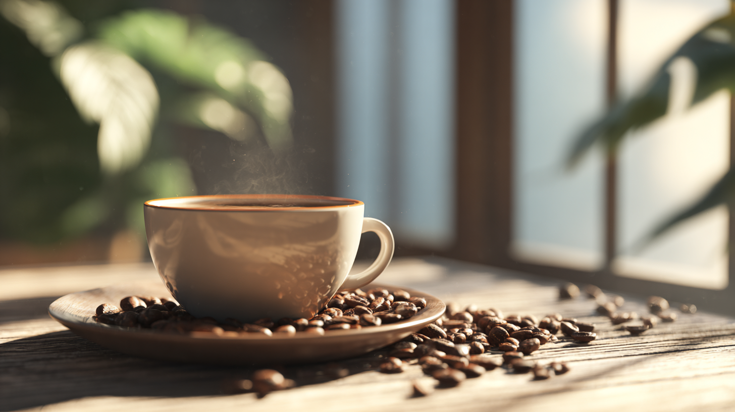 디카페인 커피 한 잔과 커피 원두가 놓인 건강한 아침 식탁